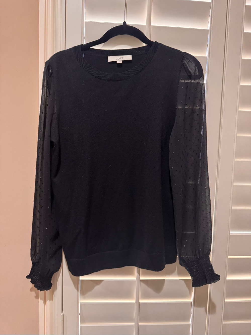 LOFT Black Knit Sweater with Sheer Dot Puff Sleeves